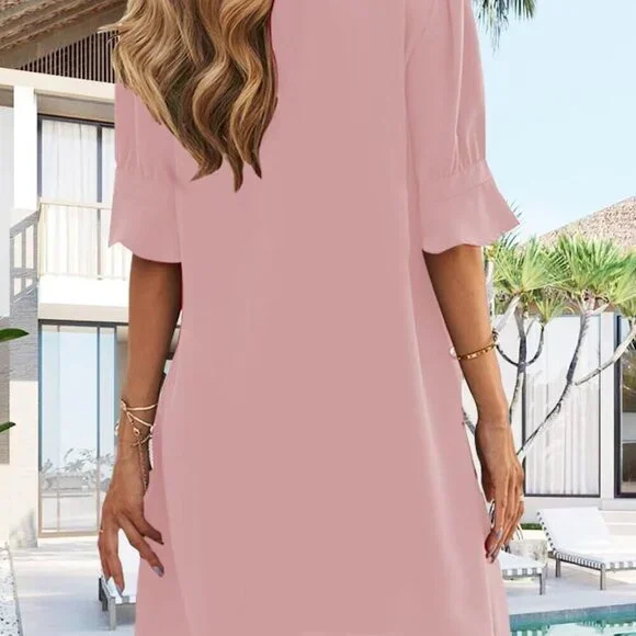 Shift Dress for Women V Neck Short Sleeves Solid Color Casual Flowy Summer Dress - Picture 5 of 7